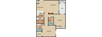 A floor plan of a house with two bedrooms, a living room, a dining room, a kitchen, a bathroom, a patio, and a storage area.