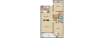 A floor plan of a house with a kitchen, dining room, living room, two bedrooms, a bath, and a storage area.