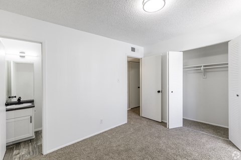 A white bedroom with a sink and a closet.