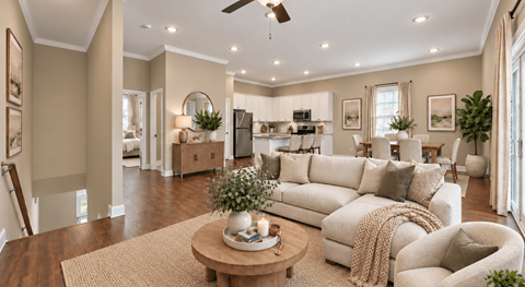 A living room with a white couch and a coffee table.
