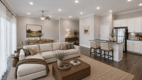 A well-lit living room with a large sectional sofa and a coffee table in the center.
