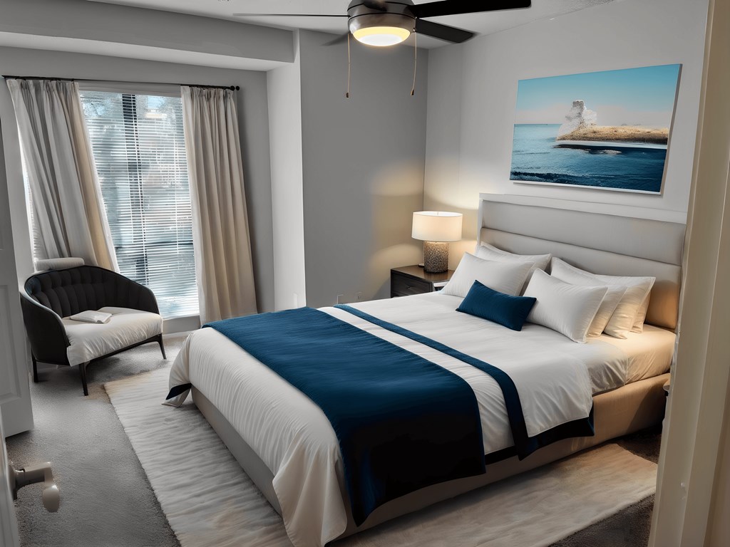 a bedroom with a bed and a chair and a window