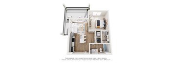 A 3D floor plan of a small apartment with a kitchen, living room, and bathroom.