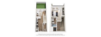 A 3D floor plan of a house with two bedrooms, a living room, a kitchen, a bathroom, and a balcony.