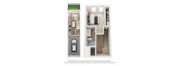 A 3D floor plan of a house with a kitchen, living room, and bathroom.