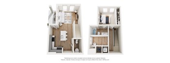 A 3D floor plan of a small apartment with two bedrooms and a living area.