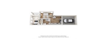 A 3D floor plan of a house with a kitchen, living room, and two bedrooms.
