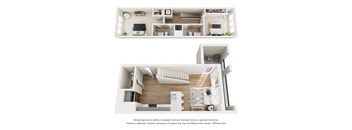 A white 3D floor plan of a house with a kitchen, living room, and bedrooms.