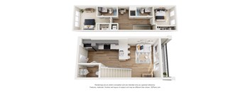 Two images of a small apartment with a kitchen, living room, and bedroom.