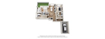 A 3D floor plan of a house with a garage.
