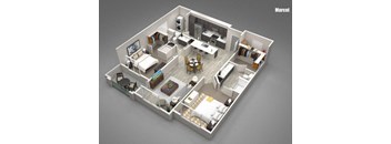 A 3D rendered image of a small apartment layout.