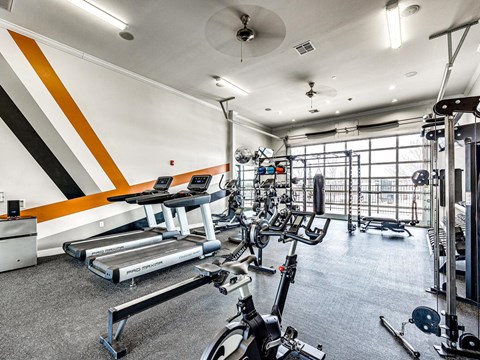 a gym with cardio machines and weights on the floor and a window