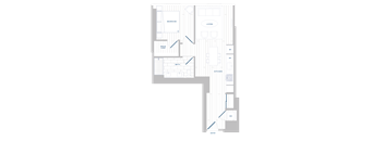 A floor plan of a house with a living room, kitchen, bath, and bedrooms.