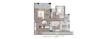 A floor plan of a two bedroom, two bathroom apartment.