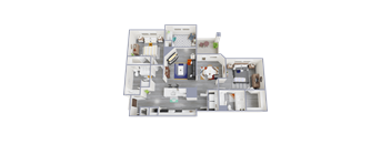 3d furnished floor plan of a 1 bedroom apartment