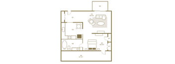 a floor plan of a small room with a bathroom and a desk