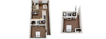 a stylized floor plan with a bedroom and a living room