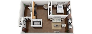 a layout of a bedroom with a bed and a bathroom