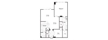 A floor plan of a house with a living room, kitchen, dining room, and two bathrooms.
