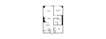 A black and white image of a floor plan for a small apartment.