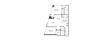 A floor plan of a home with a living room, dining room, kitchen, and three bedrooms.
