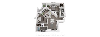 a stylized drawing of a 1 bedroom floor plan with a kitchen and living room
