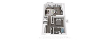 a stylized floor plan with a bedroom and a living room
