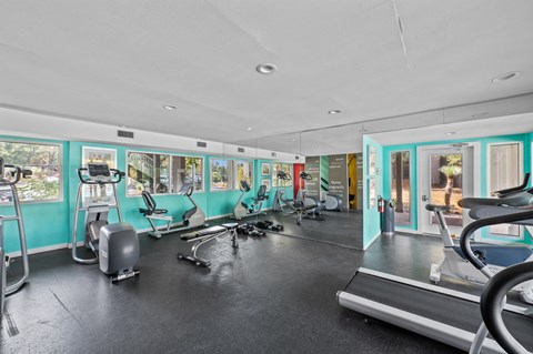 a gym with treadmills and other exercise equipment and windows
