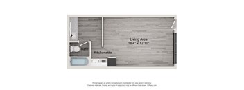 A floor plan of a small apartment with a living area, kitchenette, and bathroom.