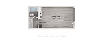 A 3D floor plan of a bathroom with a kitchenette and a living area.