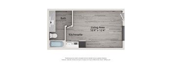 A floor plan of a bathroom and kitchenette.