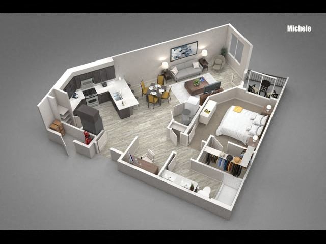 A 3D rendered image of a small apartment layout.