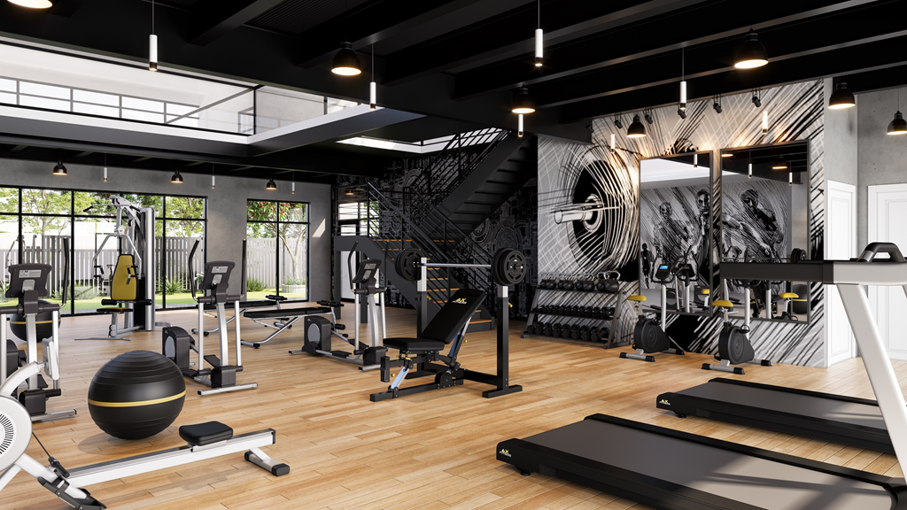 an image of a gym with exercise equipment and a spiral staircase in the background