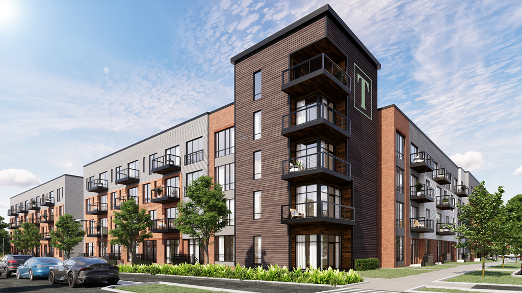 a rendering of a three story apartment building with balconies