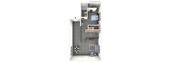 a floor plan of a studio apartment with a bedroom and a living room