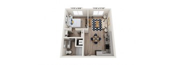 A dollhouse with a bedroom and living room.