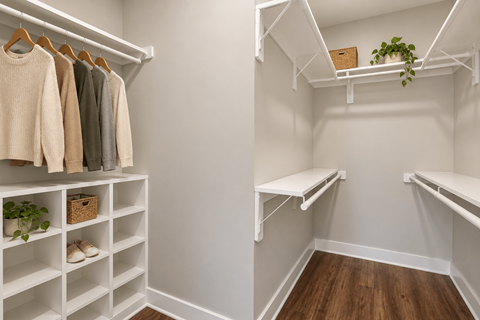 A white closet with clothes hanging and shelves.