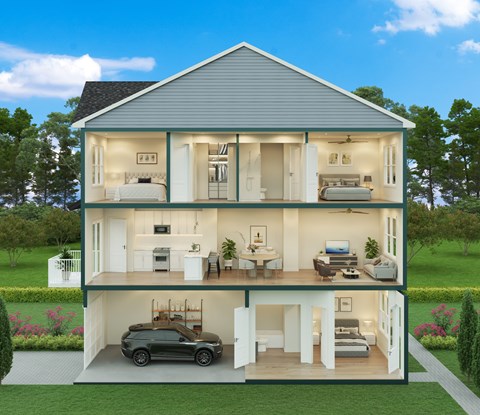 A modern house with a car in the garage.