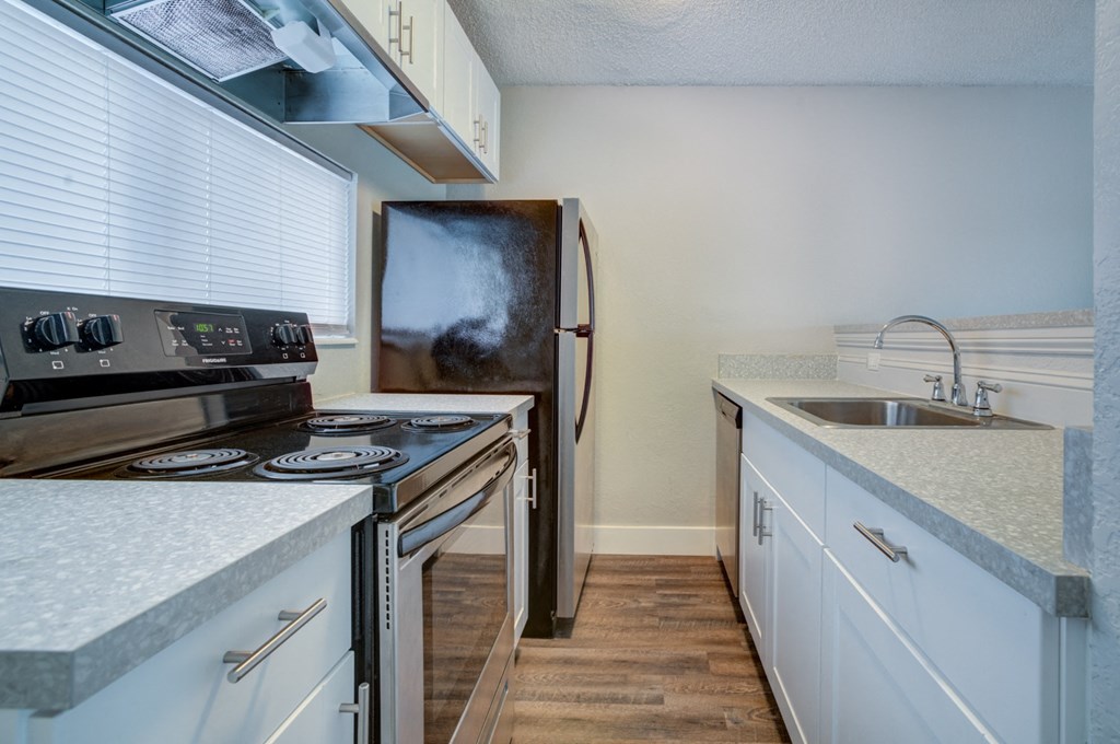 a kitchen with a stove and a sink and a refrigerator
