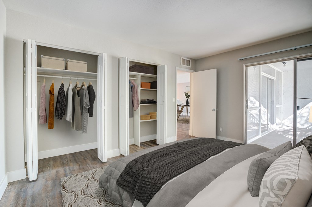 a bedroom with a bed and a closet