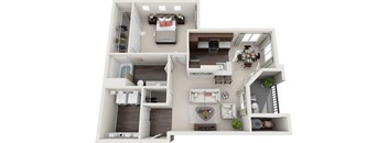 A 3D floor plan of a house with a living room, kitchen, and bedrooms.