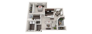 A 3D floor plan of a house with a kitchen, living room, and bedrooms.