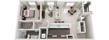 A 3D rendered image of a modern apartment layout.