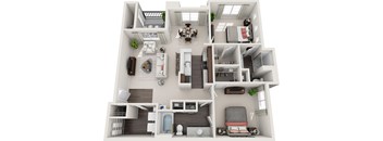 A 3D floor plan of a house with a living room, kitchen, and bedrooms.