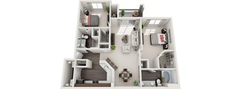 A 3D floor plan of a house with multiple rooms and furniture.