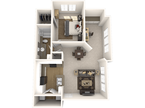 A 3D floor plan of a small apartment with a kitchen, living room, and bedroom.