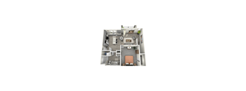 A 3D floor plan of a small apartment with a kitchen, living room, and bathroom.