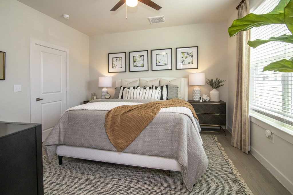 A bedroom with a bed, a ceiling fan, and a wall with pictures.