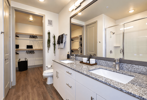 A bathroom with a toilet, sink, and mirror.