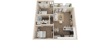 A 3D floor plan of a small apartment with two bedrooms and a living area.